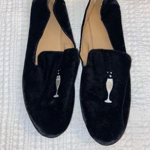 Banana Republic black velvet loafers with champagne bottles size 8.5 NYE